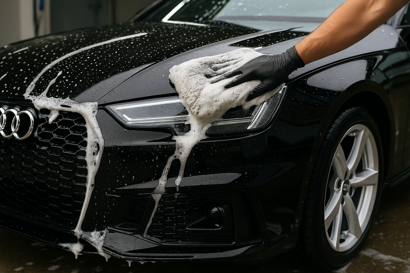A bright, high-contrast photograph capturing a meticulous maintenance hand wash. Thick, white foam from a pH-neutral shampoo is sheeting off the side of a perfectly maintained, ceramic-coated black Audi. The water is beading perfectly, showcasing the vehicle's protection. This shot emphasizes the careful, professional process.