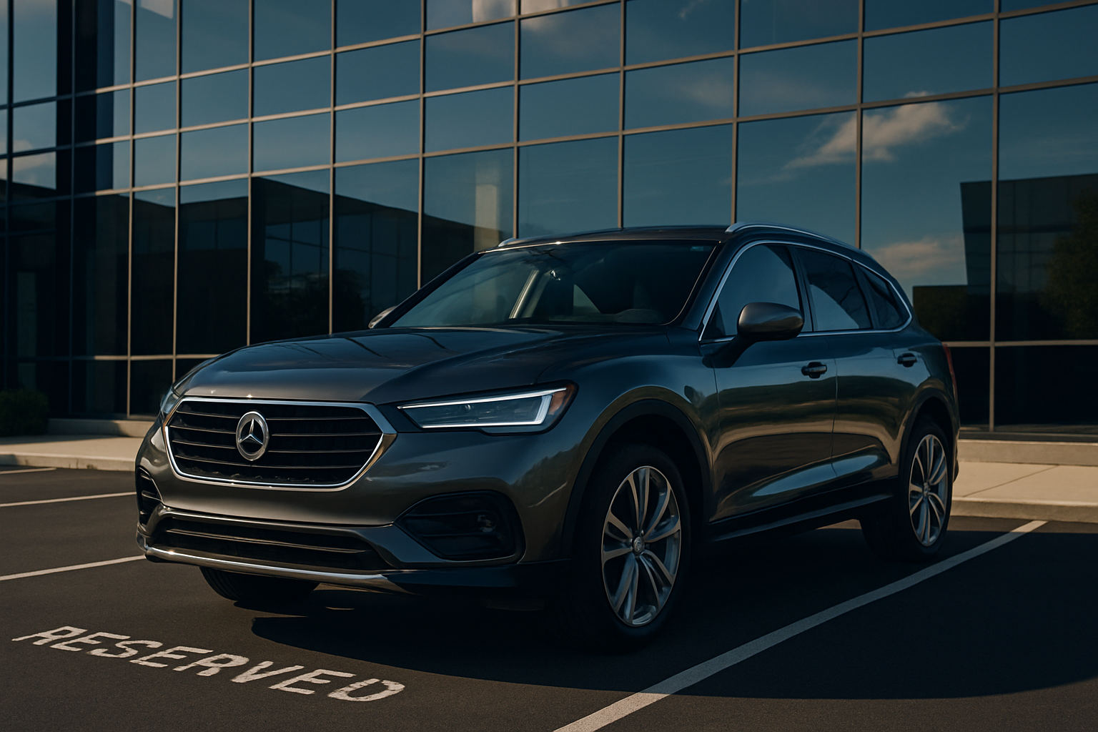 A cinematic, aspirational photograph of a metallic grey luxury SUV, looking immaculately clean and glossy as if it was just detailed. It is parked in a reserved spot in front of a modern glass office building, reflecting the clear sky and symbolizing the constant state of perfection from a maintenance plan.