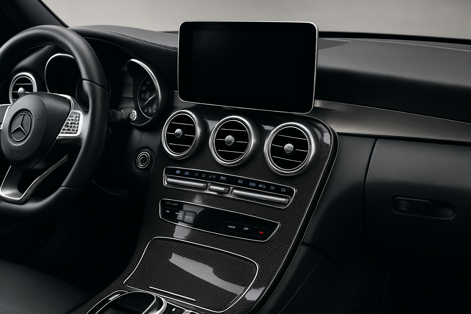 A clean, focused shot of a luxury car's dashboard and center console after a full interior detail. The carbon fiber or wood trim is gleaming, the infotainment screen is spotless, and the air vents are dust-free. The steering wheel leather looks rich and conditioned. The image showcases a factory-fresh, non-greasy, and meticulously clean finish.