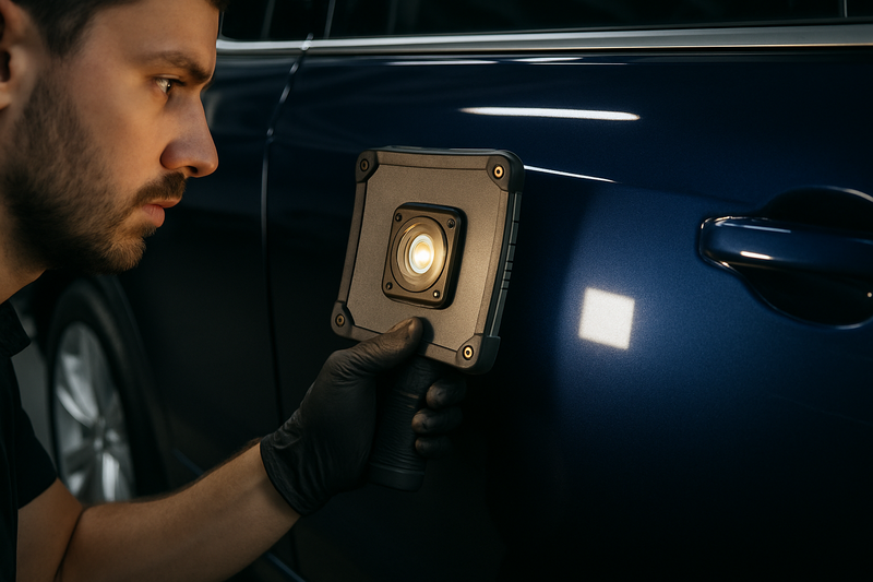 A close-up, angled shot of a technician holding a specialized paint inspection light against the side panel of a dark blue car. The beam of the light reveals the flawless, defect-free surface of the paint after a full correction, highlighting the meticulous quality of the work.