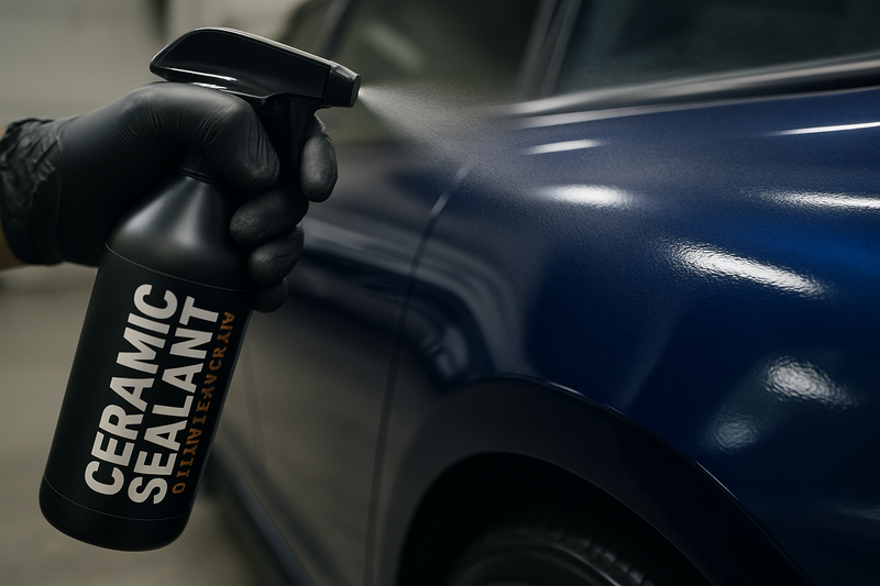 A close-up, angled shot of a technician's gloved hand spraying a gloss-enhancing ceramic sealant onto a deep blue, freshly washed car panel. The focus is on the fine mist and the instant deepening of the color and gloss on the paint. The image conveys advanced protection and a brilliant shine.