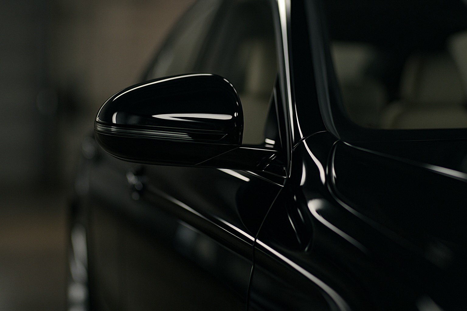 A close-up, artistic shot of the side mirror of a freshly detailed black luxury sedan. The mirror's casing has a perfect, deep gloss. In the mirror's reflection, you can see a blurred but clean view of the car's pristine interior, hinting at the comprehensive nature of the full detail service.