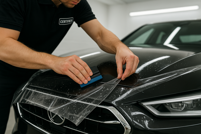 A close-up, professional photograph showing the hands of a certified technician meticulously applying a large piece of clear paint protection film to the hood of a luxury car. The technician is using a squeegee to ensure a perfect, bubble-free application. The setting is a clean, brightly lit installation bay. The image must convey extreme precision and skill.