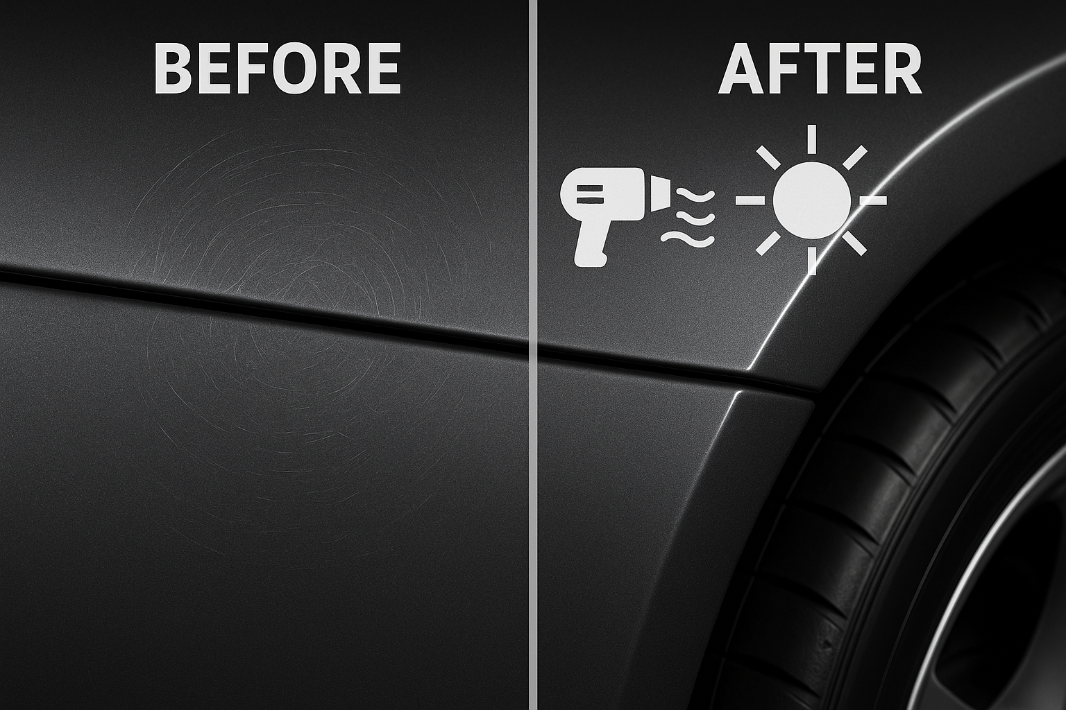 A compelling before-and-after style image on a single dark grey car panel. The 'before' half shows the panel with light, fine swirl marks on the surface of the PPF. The 'after' half shows the same panel perfectly flawless, with a graphic element of a heat gun or sun symbol pointing to it to demonstrate the film's self-healing properties.
