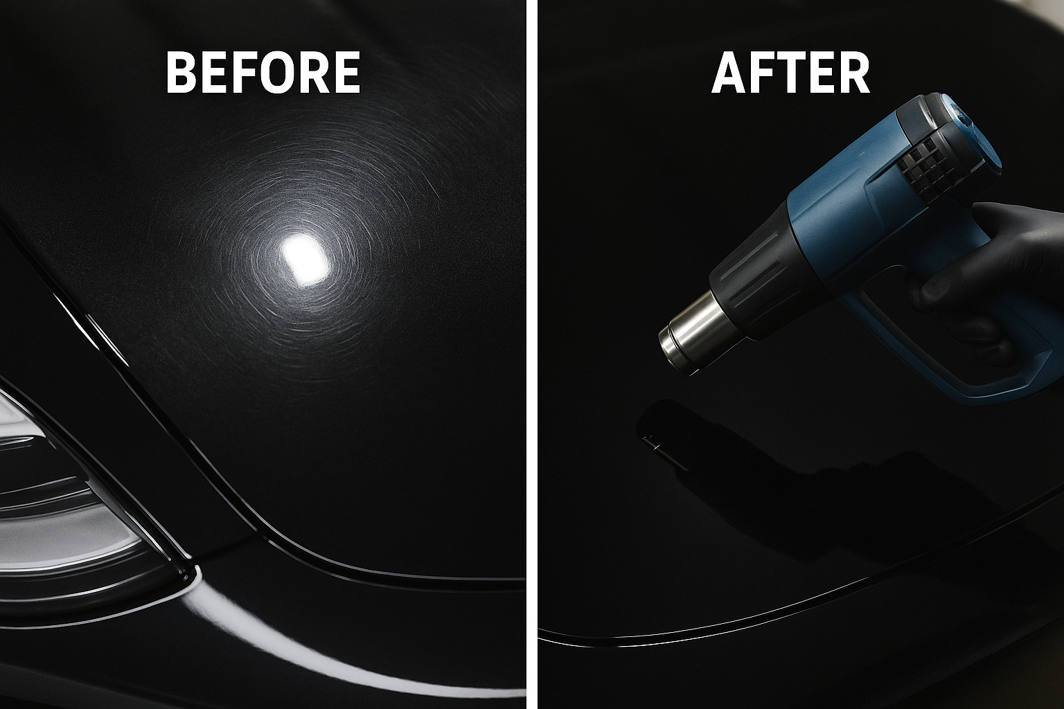 A compelling before-and-after style image on a single panel of a black car. The "before" side shows the PPF with very light, fine swirl marks. The "after" side shows a heat gun being gently waved over the area, and the swirl marks have completely vanished, demonstrating the film's self-healing properties. The surface is now a flawless, deep black.