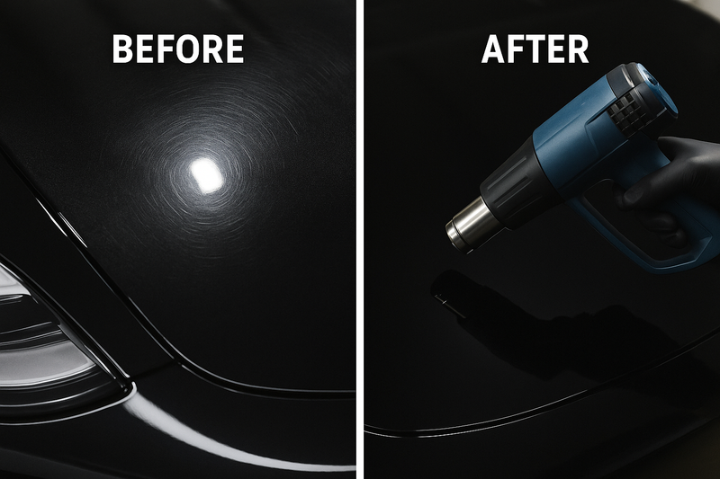 A compelling before-and-after style image on a single panel of a black car. The "before" side shows the PPF with very light, fine swirl marks. The "after" side shows a heat gun being gently waved over the area, and the swirl marks have completely vanished, demonstrating the film's self-healing properties. The surface is now a flawless, deep black.