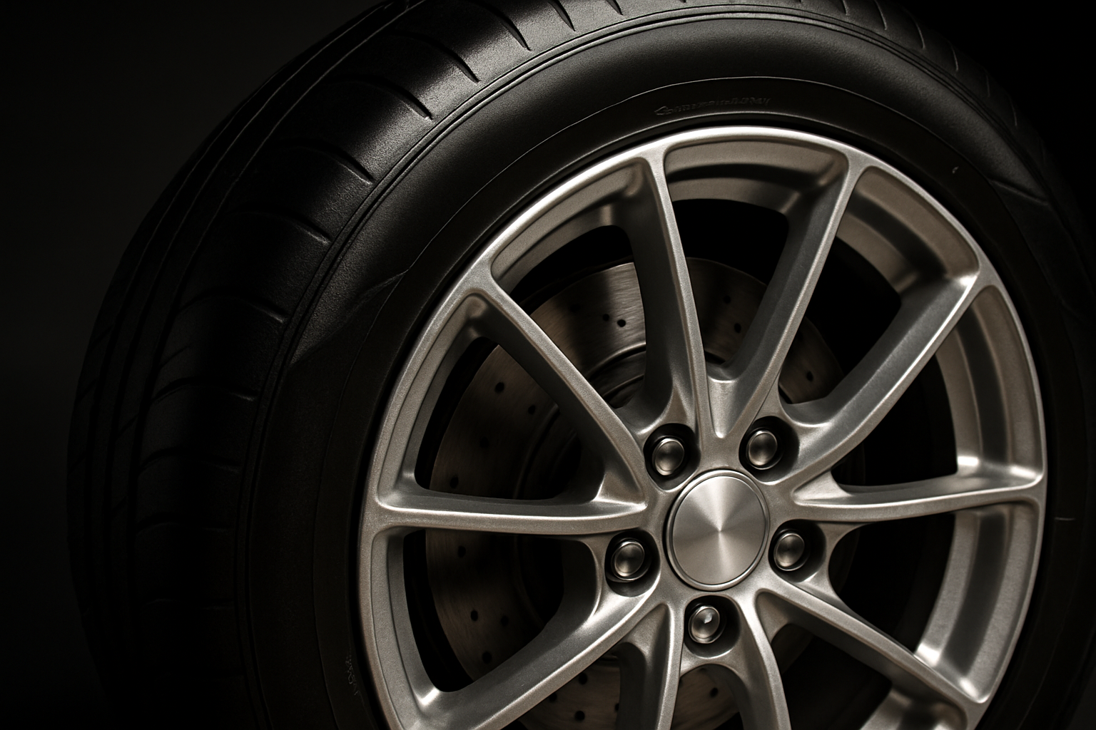 A detailed, satisfying close-up shot of a clean, high-performance wheel and tire. The tire has a deep, rich, satin black finish from a freshly applied dressing, contrasting perfectly with the clean, metallic wheel. The image should look sharp, clean, and complete.