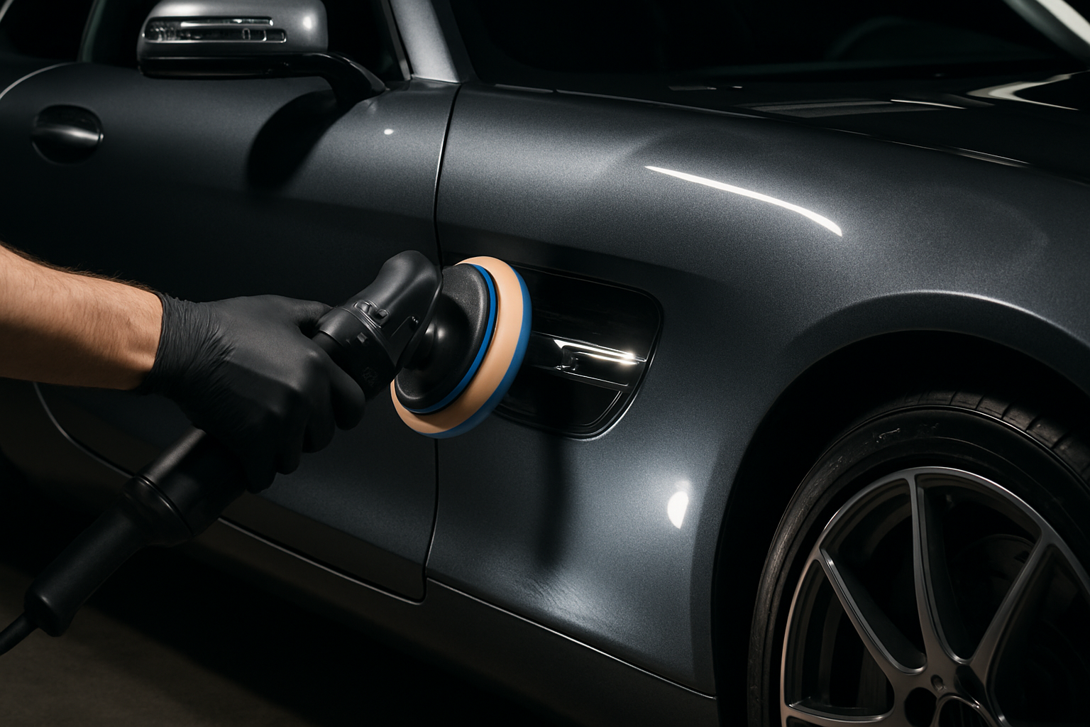 A detailer's gloved hand operating a rotary or dual-action polisher on the side panel of a metallic grey car (e.g., Mercedes-AMG GT). The polisher is leaving a visibly glossy trail on the paint, indicating the "one-step polish" is enhancing clarity and shine. Studio lighting should highlight the effect.