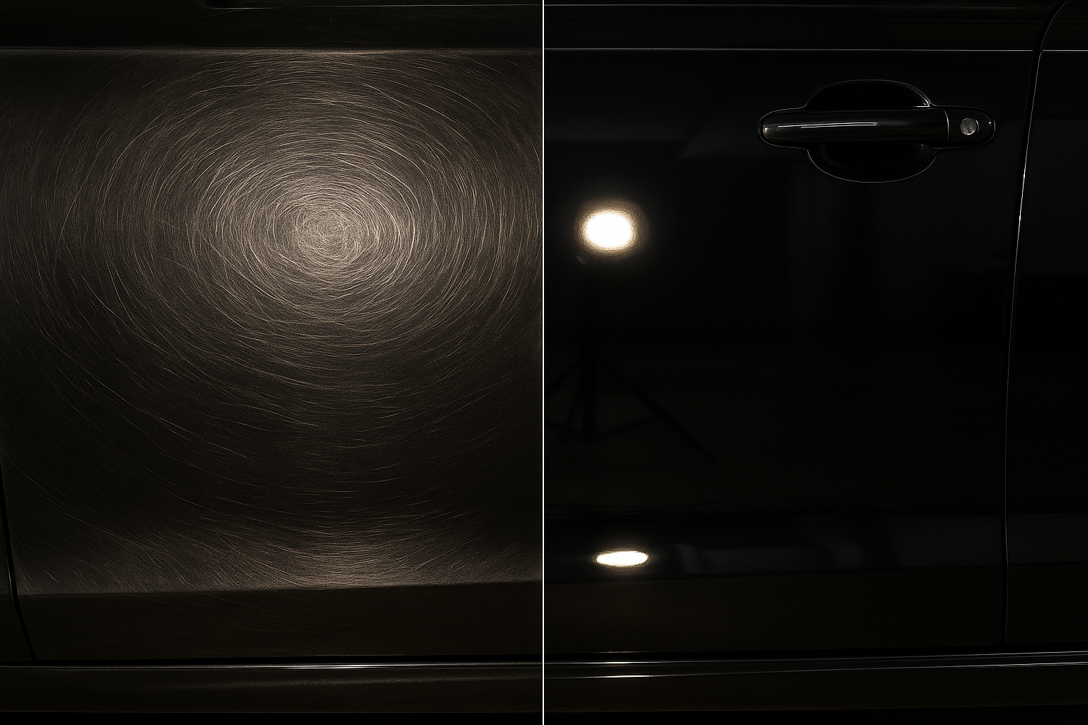 A dramatic 50/50 split-screen image of a black car's door panel under a powerful detailing light. The left side is covered in heavy, ugly swirl marks and scratches. The right side is perfectly restored, showing a deep, flawless, mirror-like gloss with intense clarity. A sharp, clean dividing line is in the center.
