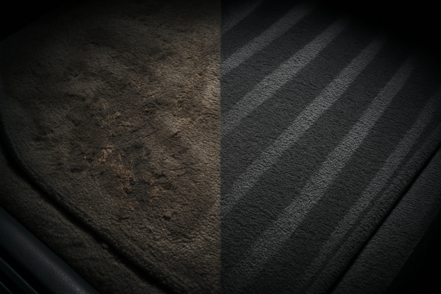 A dramatic 50/50 split-screen photo of a car's fabric floor mat or carpet. The left side is dirty, stained, and matted down. The right side is perfectly clean, with fresh, uniform vacuum lines, and the color is vibrant after a deep hot water extraction. The difference is stark and satisfying.
