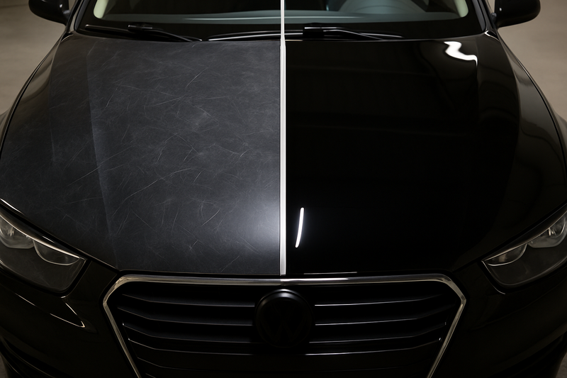 A high-impact, 50/50 split-screen photograph of a black car's hood. The left half of the image shows paint that is dull, faded, and covered in scratches and swirl marks. The right half shows the same panel after meticulous paint correction and ceramic coating, revealing a perfect, flawless, mirror-like finish with deep, rich black color. The separation is a clean, sharp vertical line.
