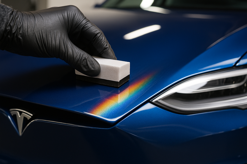 A macro, close-up shot of a gloved hand meticulously applying a liquid ceramic coating with a small applicator block to the hood of a new, deep blue Tesla Model S. A rainbow-like "flashing" effect is visible where the coating is being applied, conveying the advanced chemical process and expert application.