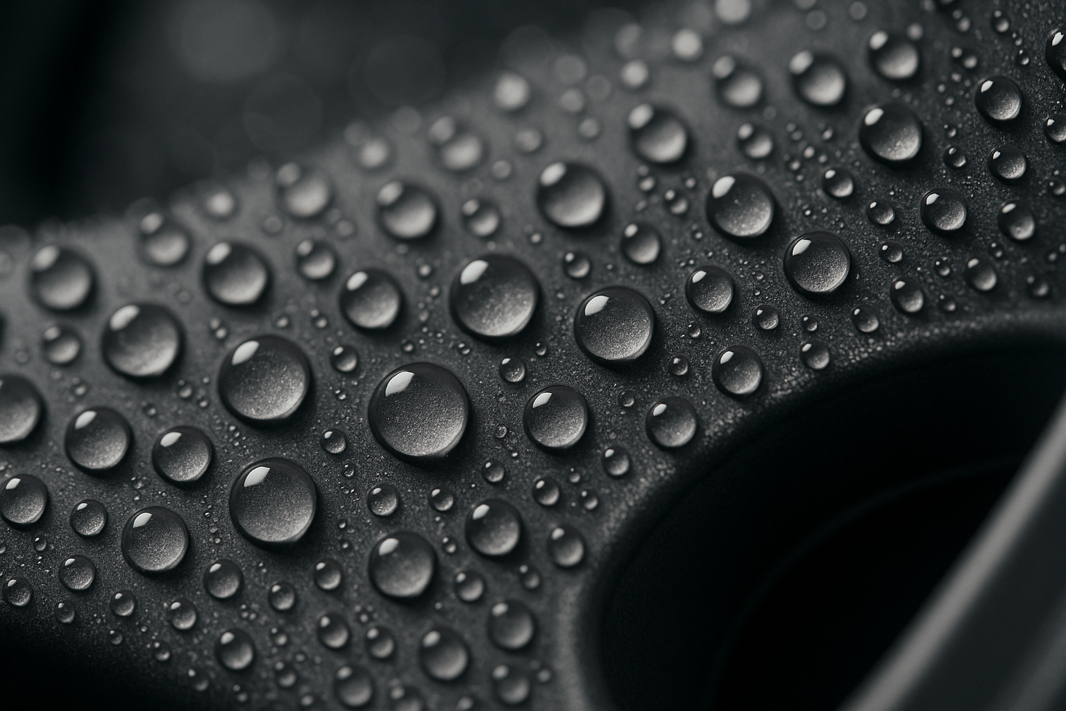 A macro photograph of water beading into perfect, tiny spheres on the surface of a satin grey, ceramic-coated wheel. The shot demonstrates the coating's extreme hydrophobic properties, showing how water and dirt are effortlessly repelled. The focus is razor-sharp on the water beads.