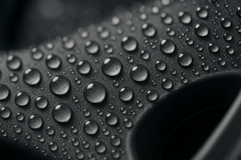 A macro photograph of water beading into perfect, tiny spheres on the surface of a satin grey, ceramic-coated wheel. The shot demonstrates the coating's extreme hydrophobic properties, showing how water and dirt are effortlessly repelled. The focus is razor-sharp on the water beads.