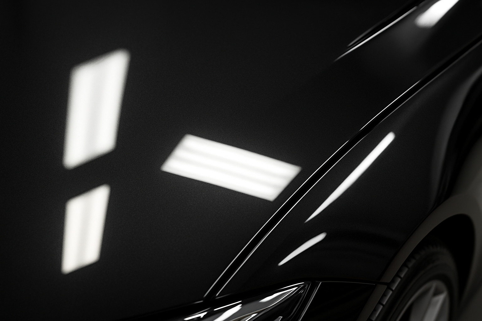 A macro shot of a car's paint surface reflecting studio lights, showing a perfectly smooth, swirl-free finish after the gloss enhancement polish. The reflection should be sharp and undistorted, emphasizing optical clarity.