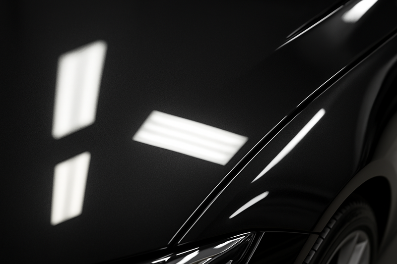 A macro shot of a car's paint surface reflecting studio lights, showing a perfectly smooth, swirl-free finish after the gloss enhancement polish. The reflection should be sharp and undistorted, emphasizing optical clarity.