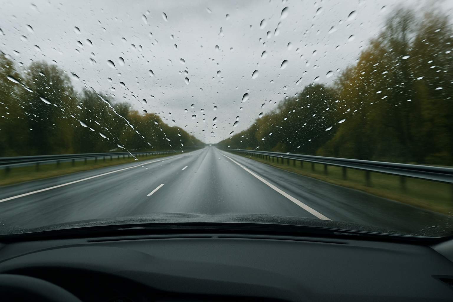 A photograph from the driver's perspective, looking down the road through a crystal-clear windshield. The car is in motion on a wet highway. The clarity is perfect, and you can see how the airflow is effortlessly pushing water droplets up and off the glass. The image communicates a sense of safety, confidence, and enhanced visibility.