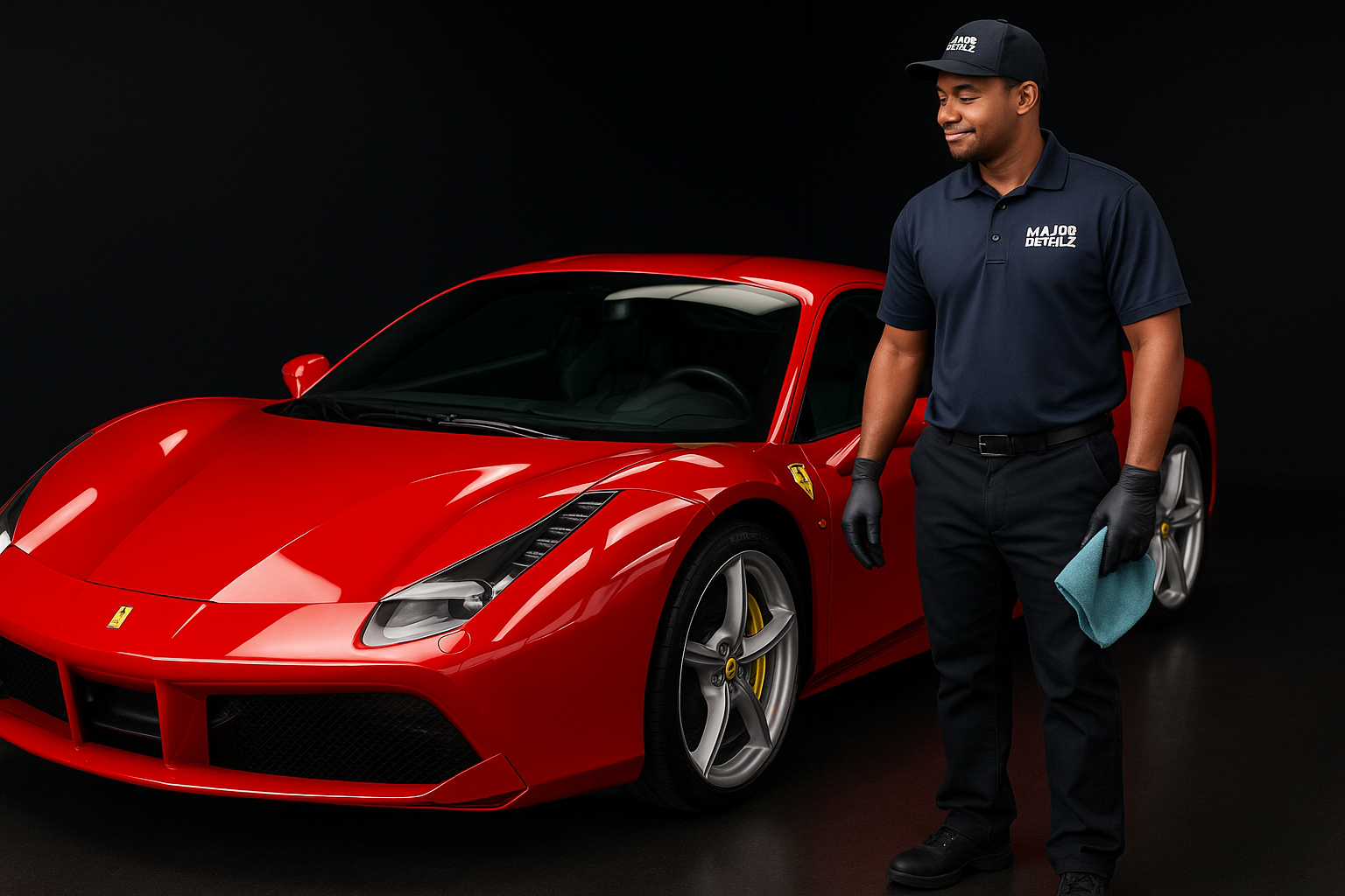A professional photograph of a detailer in a clean Major Detailz uniform taking a final, proud look over a completely detailed exotic car, like a red Ferrari. The car is gleaming under studio lights, and the technician has a microfiber towel in hand, symbolizing the final touch of perfection. The shot conveys pride in craftsmanship and a comprehensive result.