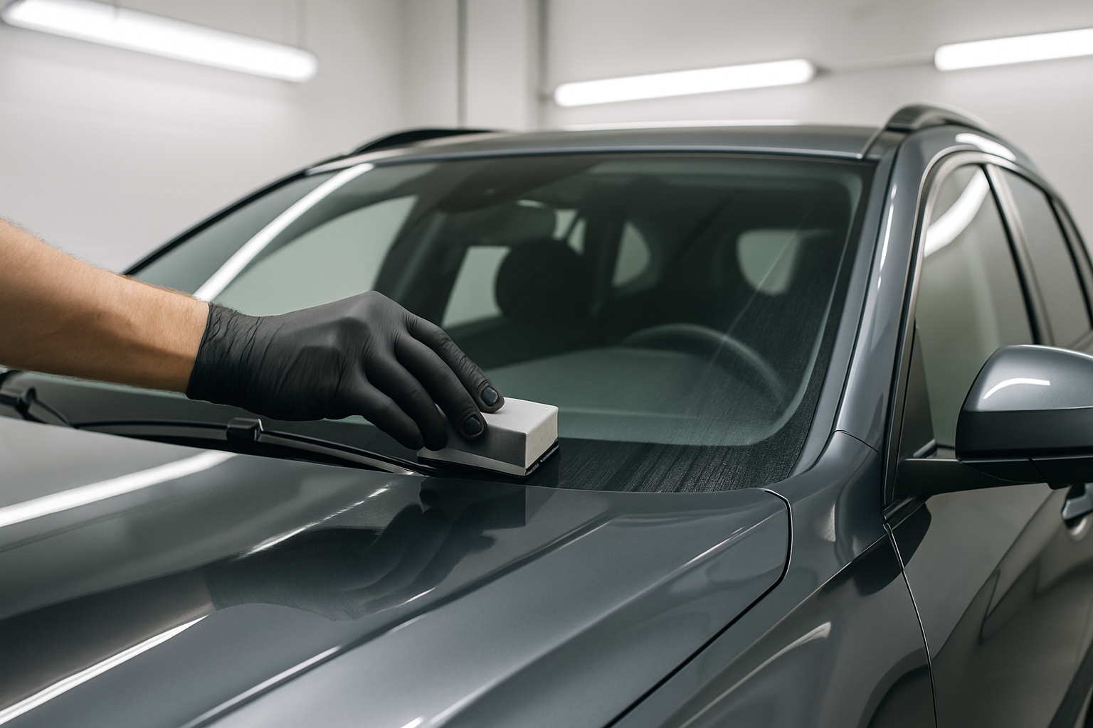 A professional photograph of a detailer's gloved hand carefully applying a glass coating with a small, specialized applicator to the windshield of a modern SUV. The shot is clean and focused, highlighting the meticulous, clinical process of the application in a bright, professional detailing bay.