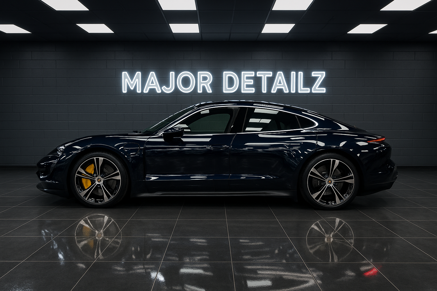 A side profile shot of a luxury electric sedan (e.g., Porsche Taycan) in a pristine detailing studio, perfectly clean and reflecting the glowing "MAJOR DETAILZ" sign on the back wall. The car's paint looks exceptionally deep, wet, and mirror-like, highlighting the 5-year ceramic coating's finish.