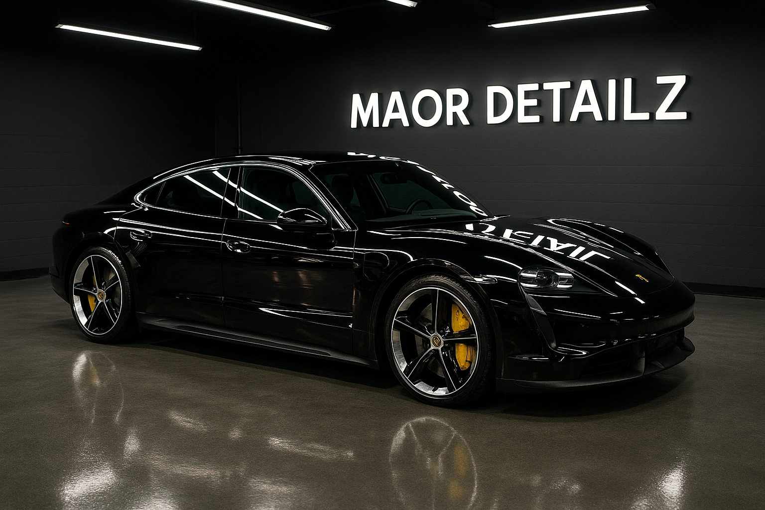 A side profile shot of a luxury electric sedan (e.g., Porsche Taycan) in a pristine detailing studio, perfectly clean and reflecting the glowing "MAJOR DETAILZ" sign on the back wall. The car's paint looks exceptionally deep, wet, and mirror-like, highlighting the 5-year ceramic coating's finish.