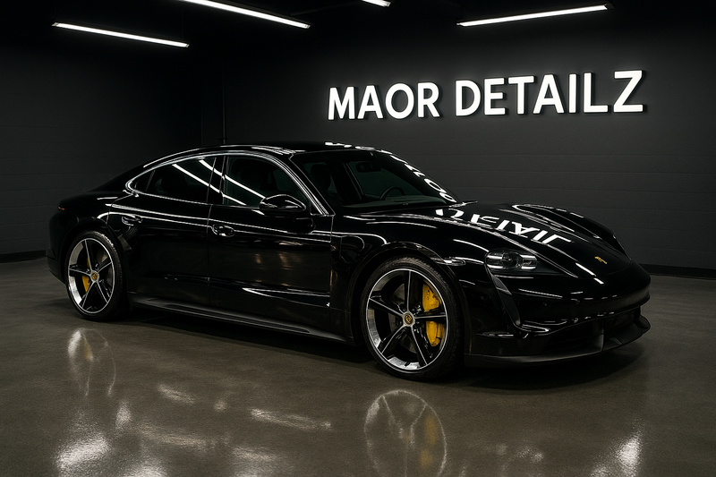 A side profile shot of a luxury electric sedan (e.g., Porsche Taycan) in a pristine detailing studio, perfectly clean and reflecting the glowing "MAJOR DETAILZ" sign on the back wall. The car's paint looks exceptionally deep, wet, and mirror-like, highlighting the 5-year ceramic coating's finish.