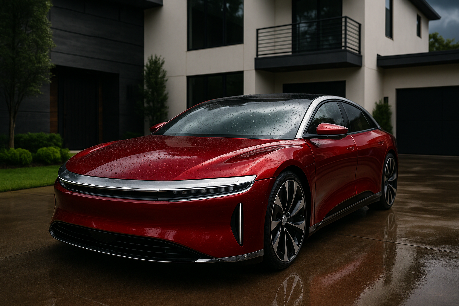 A stunning, wide shot of a newly protected red luxury sedan, like a Lucid Air, parked in front of a modern Houston home. The car's paint is incredibly glossy and reflective, and water is beading perfectly on the hood from a recent rain shower, demonstrating the coating's hydrophobic properties. The image communicates long-term, real-world protection.