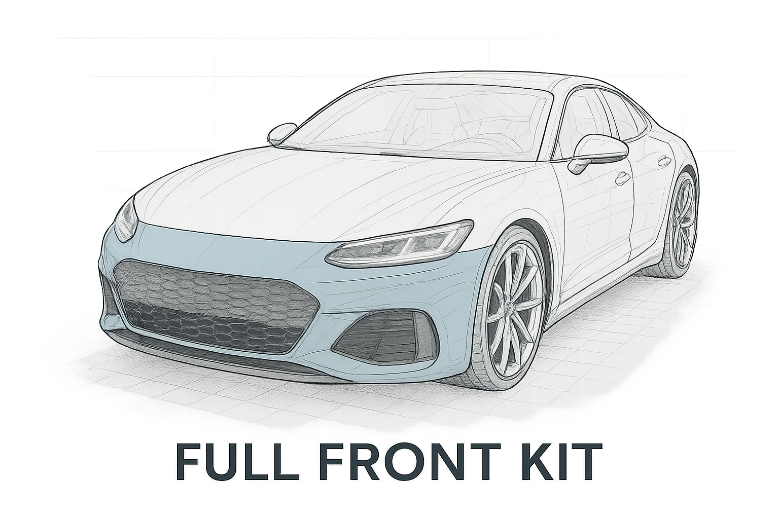 A stylized, 3D wireframe or ghosted graphic of a modern sports car. Specific areas of the car—like the front bumper, hood, and fenders—are highlighted in a subtle blue color to clearly and cleanly illustrate the coverage provided in the "Full Front Kit" PPF package. The image should look technical, clean, and informative.