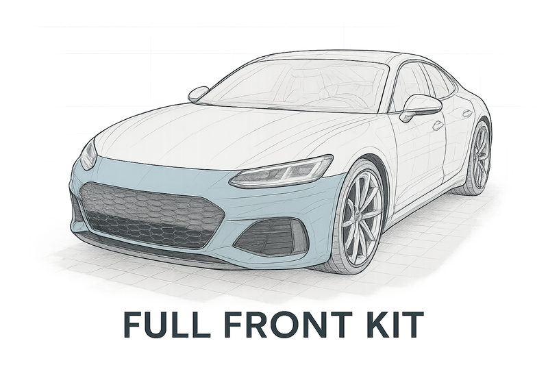 A stylized, 3D wireframe or ghosted graphic of a modern sports car. Specific areas of the car—like the front bumper, hood, and fenders—are highlighted in a subtle blue color to clearly and cleanly illustrate the coverage provided in the "Full Front Kit" PPF package. The image should look technical, clean, and informative.