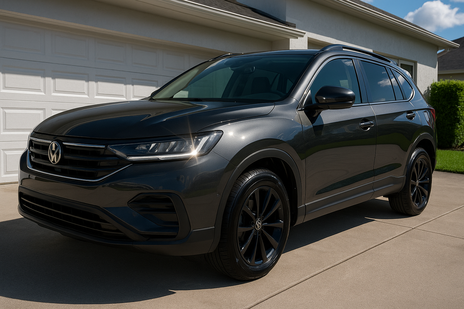 A three-quarter shot of a gleaming, dark grey SUV after a premium exterior detail. The vehicle is parked in a clean driveway, and the sun is creating a sharp, starburst reflection on the paint, showcasing its incredible gloss and the effectiveness of the ceramic sealant. The windows are crystal clear, and the tires are deep black.