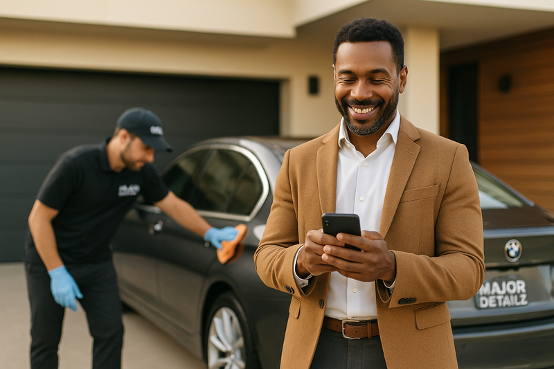 A warm, professional lifestyle photograph. A well-dressed vehicle owner stands in their modern driveway, smiling confidently and looking at their phone. In the softly blurred background, a Major Detailz technician is performing the final touches on their gleaming luxury sedan. The image conveys satisfaction, trust, and the time-saving, hassle-free benefit of the program.