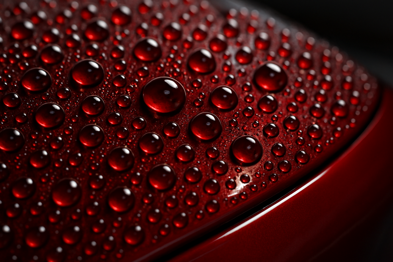 Macro photograph, extreme close-up of perfect, jewel-like water beads on the surface of a deep red, ceramic-coated car panel. The focus is razor-sharp on the water beads, showcasing the hydrophobic effect. The lighting creates a strong reflection in the paint, emphasizing its incredible gloss and depth.