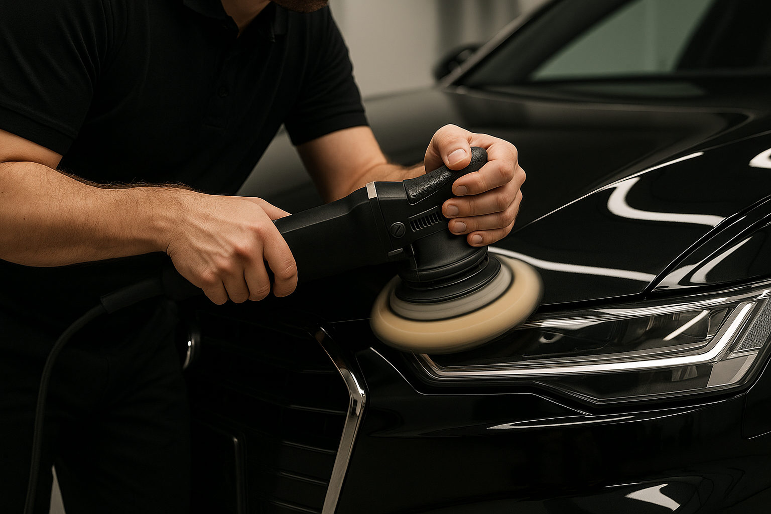 Professional photograph focusing on a detailer's hands and a high-end orbital polisher. The technician, in a clean black uniform, is carefully machine polishing the fender of a luxury car. The shot captures the motion of the polisher and the glossy reflection emerging on the paint surface, conveying expertise and precision.