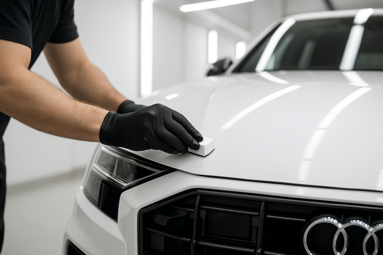 Professional photograph from a side angle, focusing on a detailer's hands. The detailer, wearing black gloves, is expertly applying a ceramic coating to the hood of a white luxury SUV with a small, precise applicator. The setting is a clean, bright, and professional detailing studio. The image conveys skill, care, and a meticulous process.