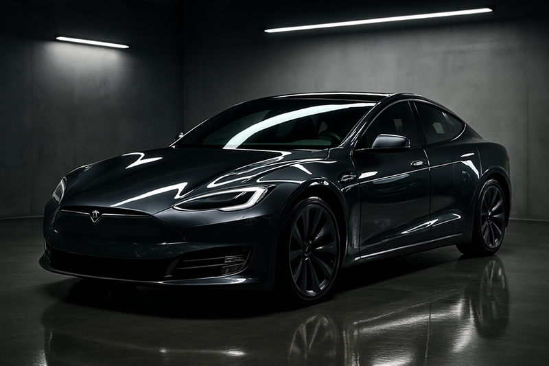 Ultra-realistic, professional photograph of a dark grey Tesla Model S with a flawless ceramic coating. The car is parked in a minimalist, luxury garage with dramatic, high-contrast studio lighting. The paint has a liquid-like, mirror finish, capturing sharp, clear reflections. The overall mood is aspirational, expert, and meticulous.