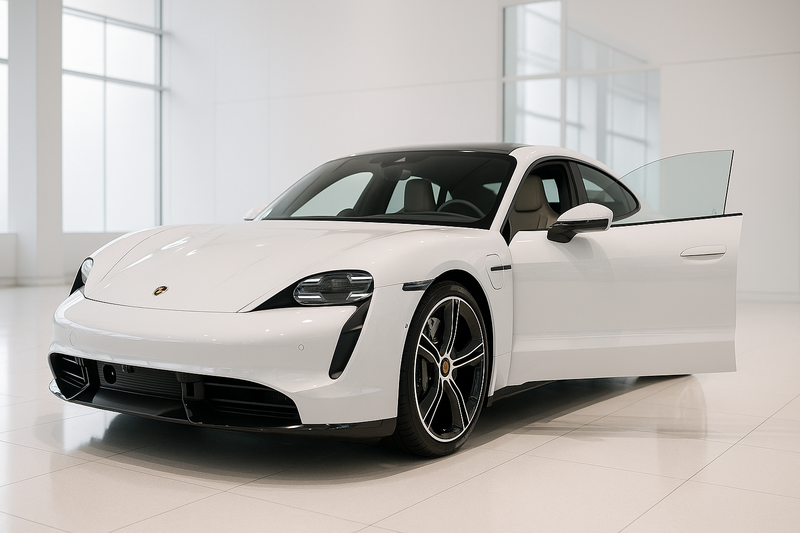 Ultra-realistic, professional photograph of a stunning white Porsche Taycan, perfectly detailed inside and out. The vehicle is angled in a bright, modern showroom. One door is open, revealing a flawless, clean interior, while the exterior paint has a brilliant, mirror-like gloss. The image conveys total vehicle perfection and luxury.