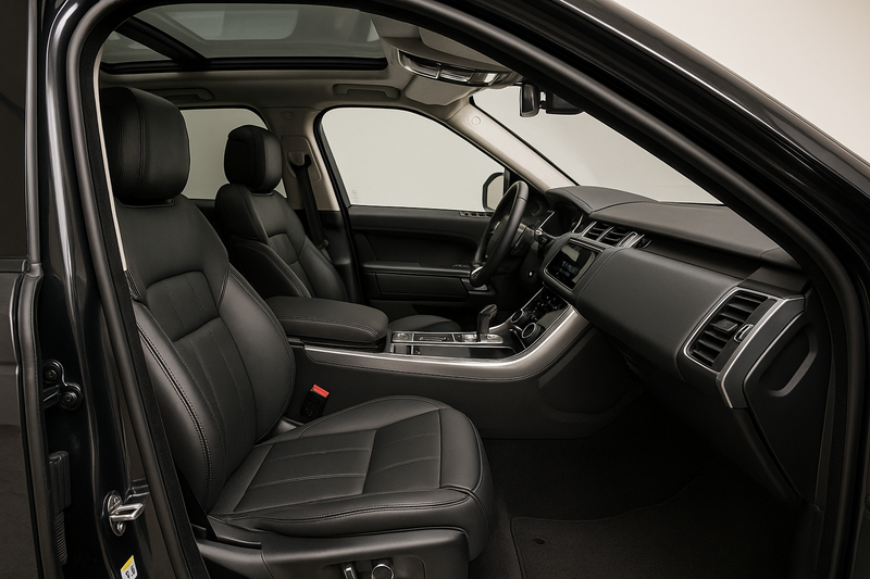 Ultra-realistic, professional photograph of the pristine interior of a modern luxury SUV, like a Range Rover or Porsche Cayenne. The shot is taken from the open passenger door, looking across the flawless black leather seats toward the clean, detailed dashboard. The lighting is soft and even, highlighting the textures of the leather, the clean carpets, and the dust-free console. The mood is luxurious, clean, and aspirational.