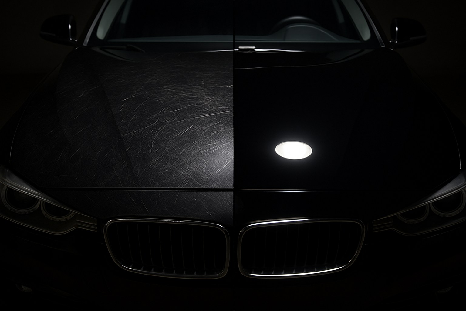A dramatic before-and-after image showcasing the results of our paint correction and restoration services in Houston, transforming a swirled finish into a flawless mirror gloss.