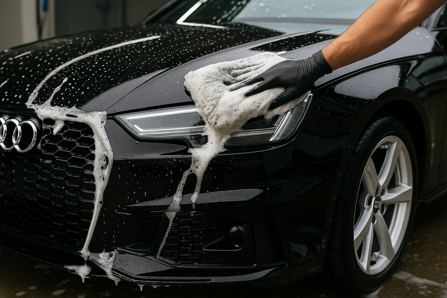 A bright, high-contrast photograph capturing a meticulous maintenance hand wash. Thick, white foam from a pH-neutral shampoo is sheeting off the side of a perfectly maintained, ceramic-coated black Audi. The water is beading perfectly, showcasing the vehicle's protection. This shot emphasizes the careful, professional process.