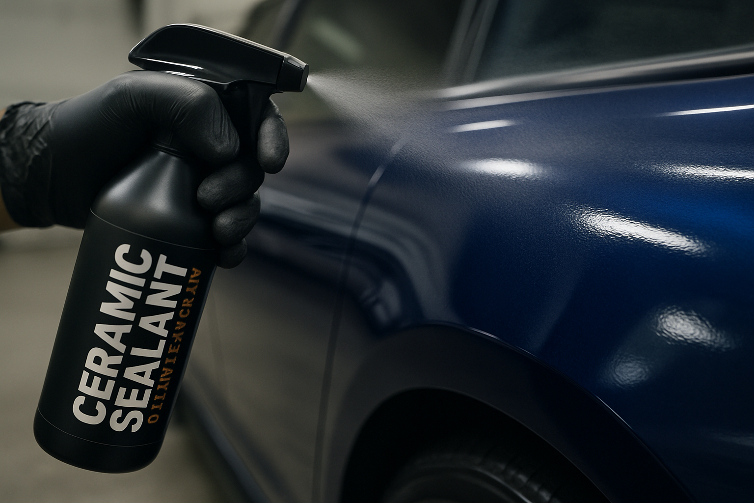 A close-up, angled shot of a technician's gloved hand spraying a gloss-enhancing ceramic sealant onto a deep blue, freshly washed car panel. The focus is on the fine mist and the instant deepening of the color and gloss on the paint. The image conveys advanced protection and a brilliant shine.

