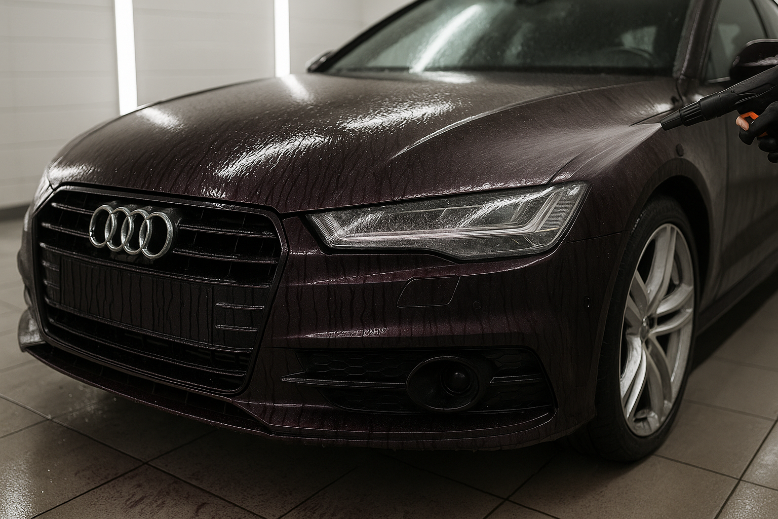 A close-up, dramatic shot of an automotive paint surface during the "iron decontamination" stage. A dark colored luxury car (e.g., Audi A7) is being sprayed with a purple-ish chemical, showing the distinct "bleeding" effect as it reacts with iron particles on the paint. The setting is a clean detailing bay.