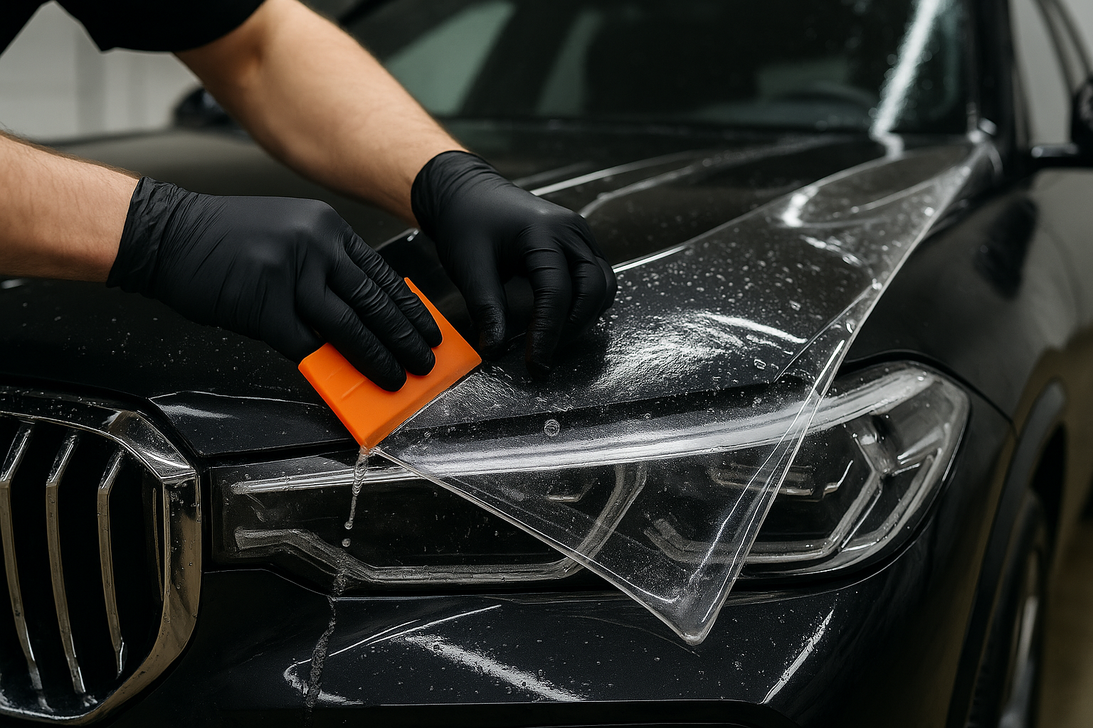 A close-up, focused photograph of a PPF installer's hands, wearing black gloves. They are expertly using a squeegee to apply a large sheet of clear paint protection film to the hood of a luxury SUV. The shot should show water and application solution being squeegeed out from under the film, conveying a sense of skill, precision, and a meticulous, wet-application process.

