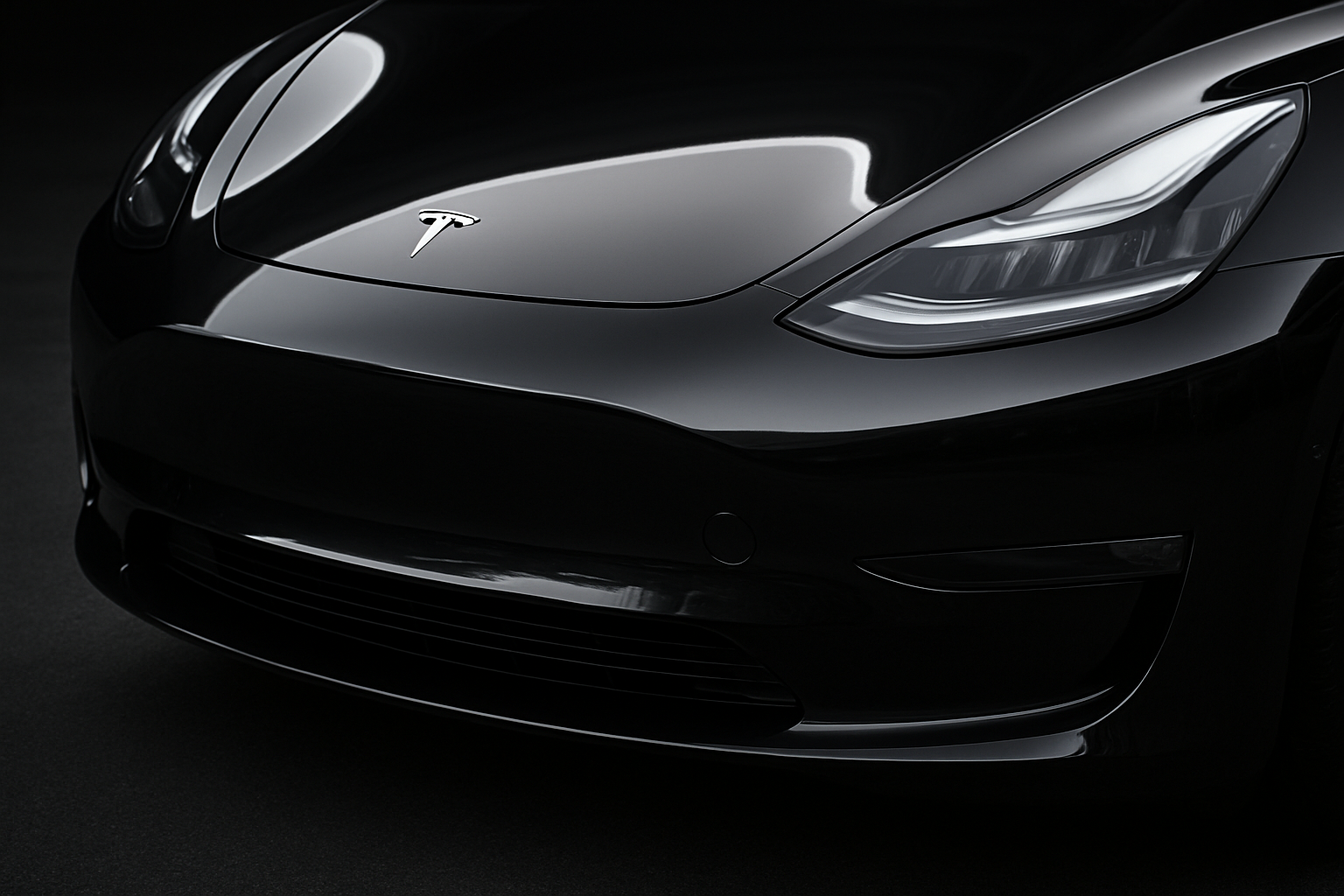 A close-up, high-contrast, professional photograph of the front bumper of a brand new, deep black Tesla Model 3. The surface is flawlessly smooth and highly reflective. The paint protection film (PPF) is completely invisible, highlighting its optical clarity. A subtle, sharp reflection emphasizes the film's protective, glass-like quality without showing seams or edges.
