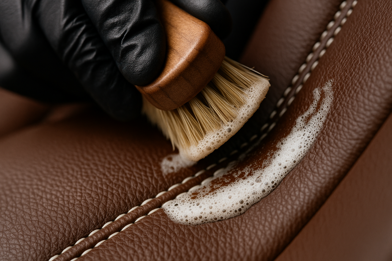 A close-up, macro shot of a professional detailer's gloved hand using a soft, horsehair brush to gently clean the stitching on a luxury leather car seat. The image focuses on the meticulous action, showing the foam from the leather cleaner lifting dirt from the grain. Conveys a sense of precision, care, and expertise.

