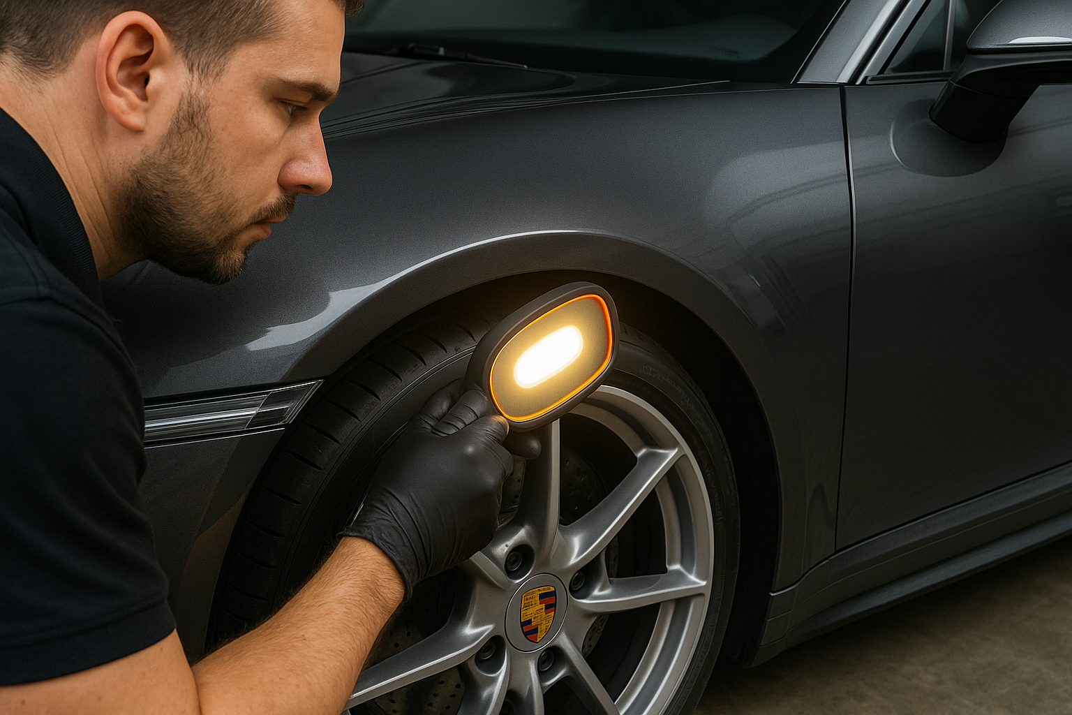 A close-up photograph focusing on a technician in a clean black uniform holding a paint inspection light to the door of a brand new, dark grey Porsche 911. The powerful light reveals a perfectly flawless, mirror-like surface, demonstrating the meticulous correction of any minor dealership-installed imperfections.