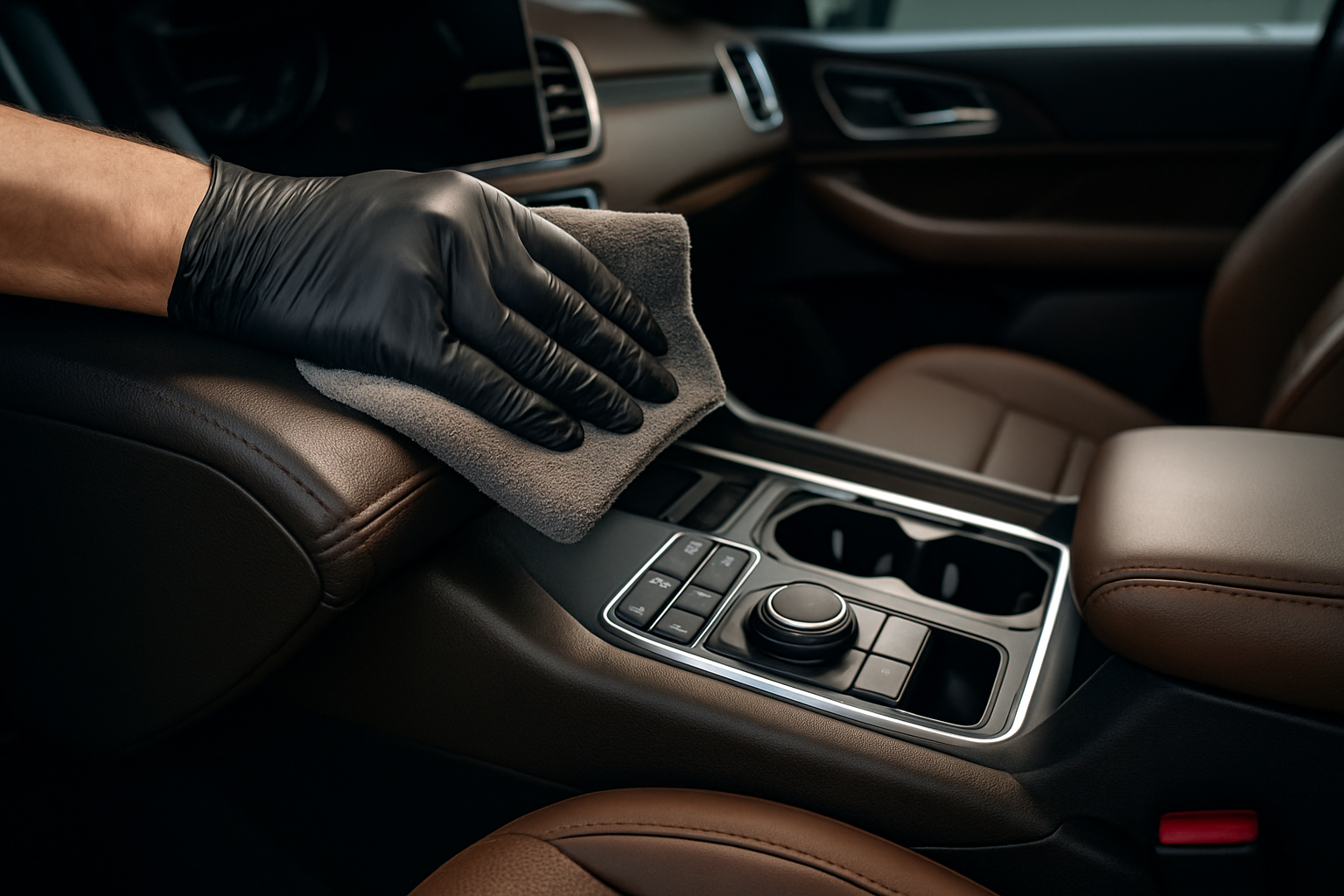 A close-up shot of a detailer's gloved hand wiping down the leather dashboard of a luxury SUV. The interior is spotless and the focus is on the meticulous cleaning of the console and cupholder area.
