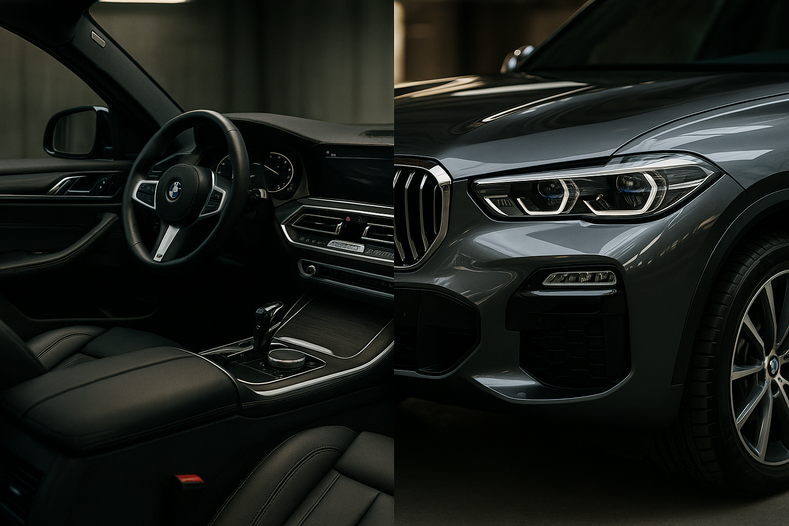 A creative, compelling split-view image of a luxury SUV, like a BMW X5. The left half of the image is a close-up of the pristine, conditioned leather of the driver's seat and clean dashboard. The right half is a close-up of the exterior fender, showing flawless, glossy paint with sharp reflections. The image visualizes the combination of interior and exterior perfection.

