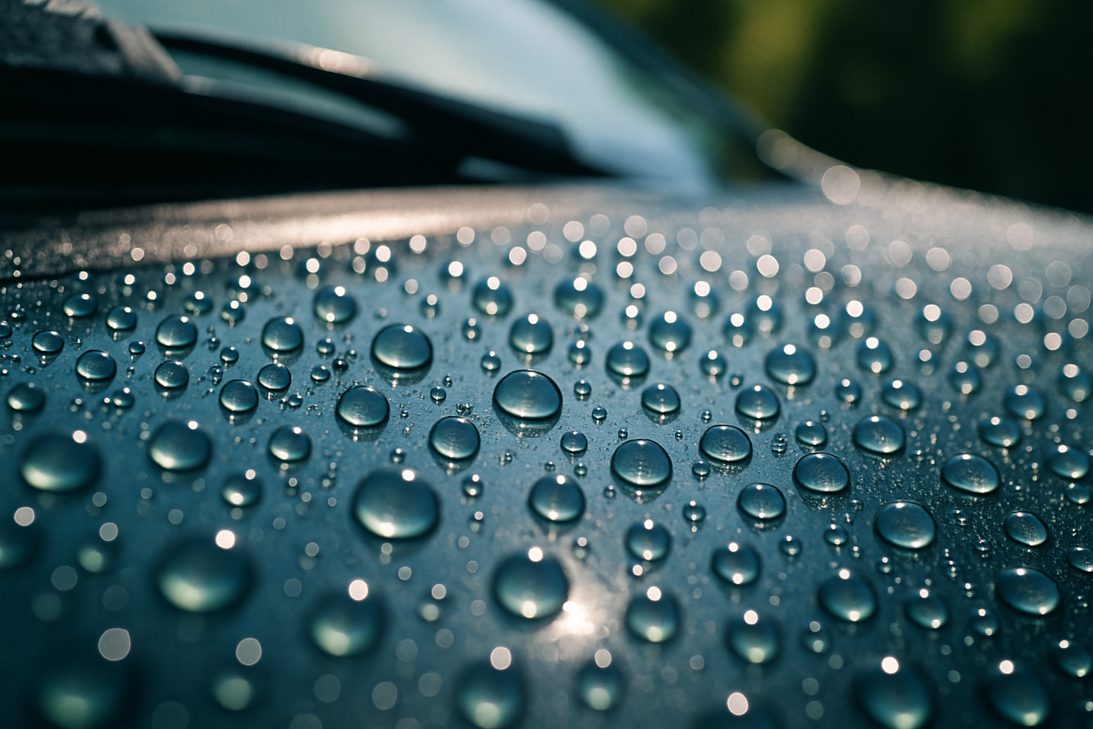 A daytime, close-up, macro photograph of a car's windshield. The glass is treated with a hydrophobic coating, and dozens of perfect, spherical water beads are sitting on the surface as if it were a freshly waxed leaf. The background is softly blurred, and the sun is glinting off the water beads, conveying a clean and effective result.