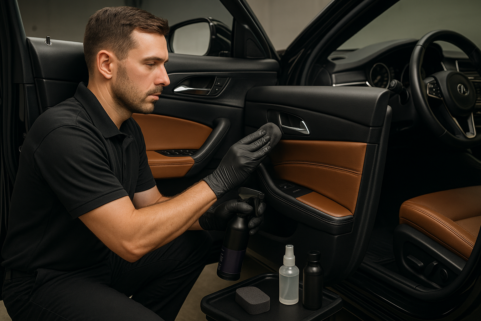 A detailer in a clean uniform carefully applying a dressing to the interior door panel of a luxury sedan. The shot highlights the attention to detail and professional products used.