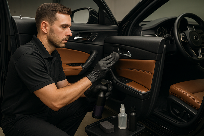 A detailer in a clean uniform carefully applying a dressing to the interior door panel of a luxury sedan. The shot highlights the attention to detail and professional products used.